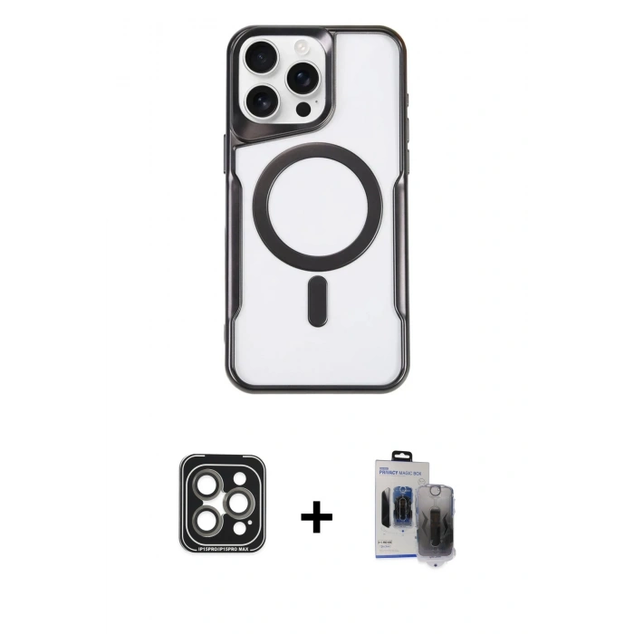 MARSİLYAN™- iPhone 15 Pro Max Kılıf Yadigar Klasik Özel Seri - Siyah Vanessa Magic Hayalet Cam + PVD Metal Kamera Lens - GI
