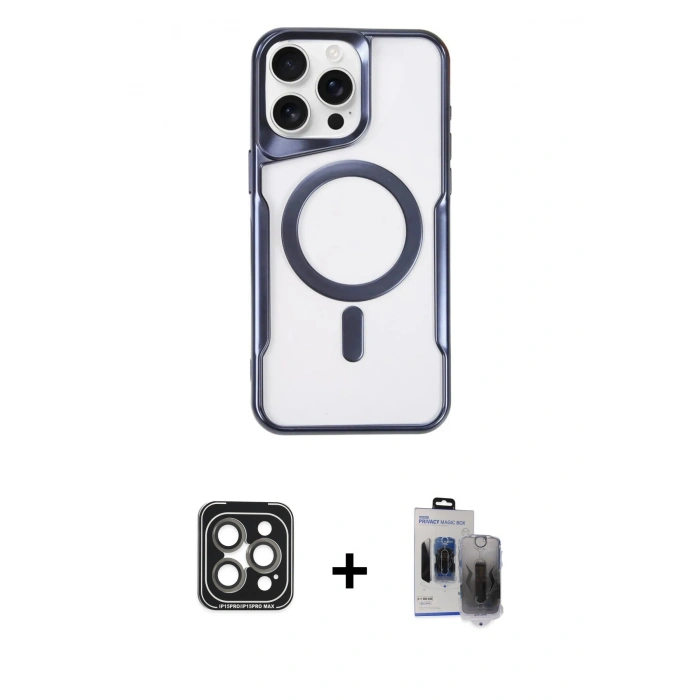 MARSİLYAN™- iPhone 15 Pro Max Kılıf Yadigar Klasik Özel Seri - Siyah Vanessa Magic Hayalet Cam + PVD Metal Kamera Lens - GI