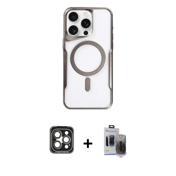 MARSİLYAN™- iPhone 15 Pro Max Kılıf Yadigar Klasik Özel Seri - Siyah Vanessa Magic Hayalet Cam + PVD Metal Kamera Lens - GI