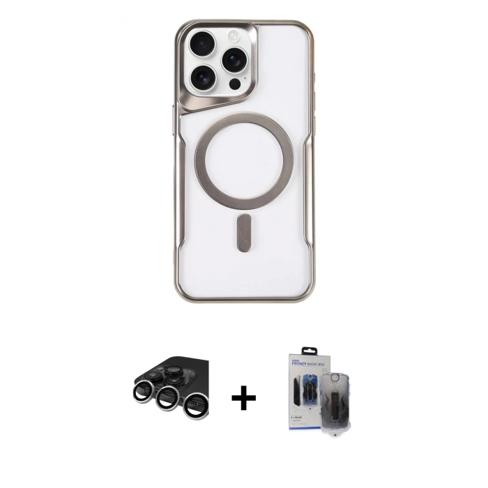 MARSİLYAN™- iPhone 15 Pro Max Kılıf Yadigar Klasik Özel Seri - Siyah Vanessa Magic Hayalet Cam + Raze Metal Kamera Lens - GS
