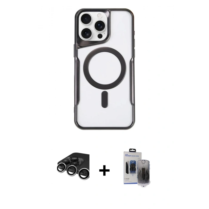 MARSİLYAN™- iPhone 15 Pro Max Kılıf Yadigar Klasik Özel Seri - Siyah Vanessa Magic Hayalet Cam + Raze Metal Kamera Lens - GS
