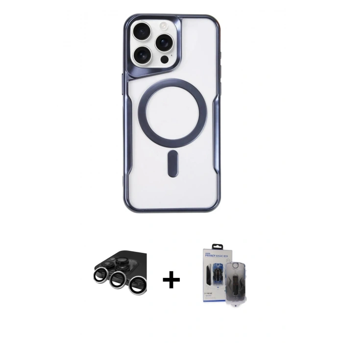 MARSİLYAN™- iPhone 15 Pro Max Kılıf Yadigar Klasik Özel Seri - Siyah Vanessa Magic Hayalet Cam + Raze Metal Kamera Lens - GS