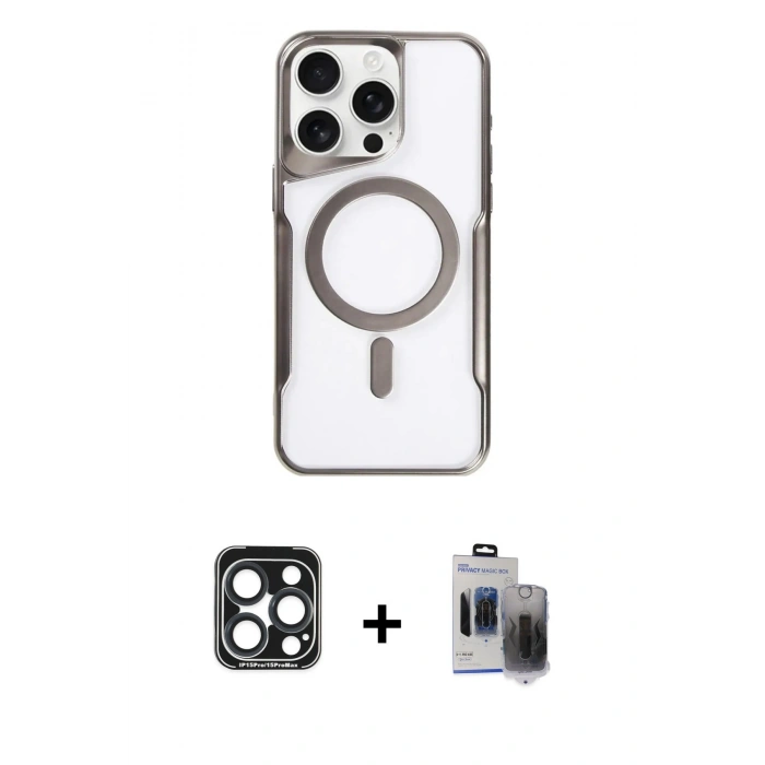 MARSİLYAN™- iPhone 15 Pro Max Kılıf Yadigar Klasik Özel Seri - Siyah Vanessa Magic Hayalet Cam + PVD Metal Kamera Lens - LT