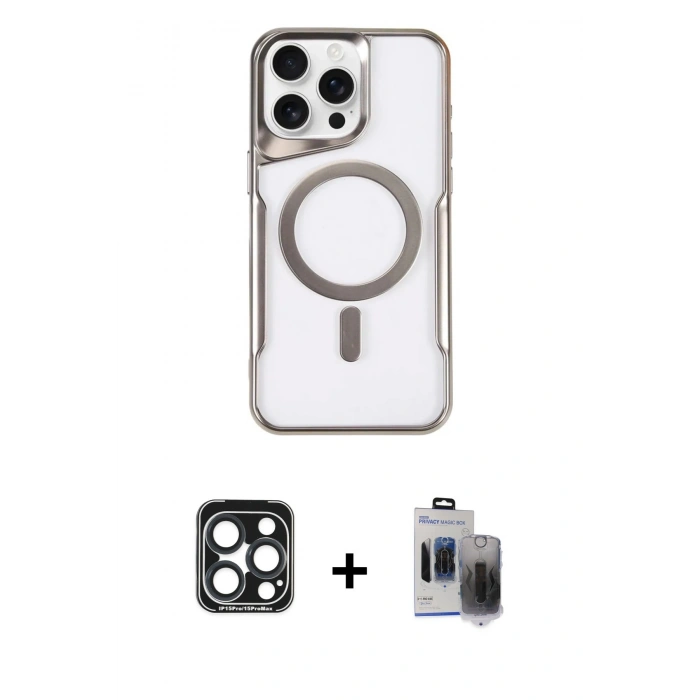 MARSİLYAN™- iPhone 15 Pro Max Kılıf Yadigar Klasik Özel Seri - Siyah Vanessa Magic Hayalet Cam + PVD Metal Kamera Lens - LT