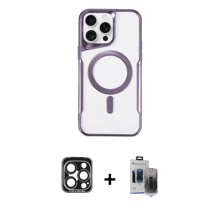 MARSİLYAN™- iPhone 15 Pro Max Kılıf Yadigar Klasik Özel Seri - Siyah Vanessa Magic Hayalet Cam + PVD Metal Kamera Lens - LT
