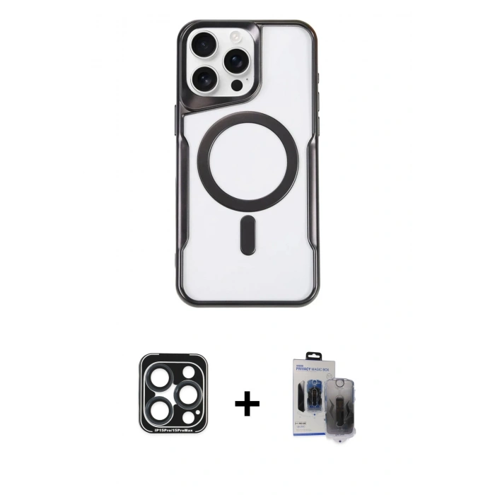MARSİLYAN™- iPhone 15 Pro Max Kılıf Yadigar Klasik Özel Seri - Siyah Vanessa Magic Hayalet Cam + PVD Metal Kamera Lens - LT
