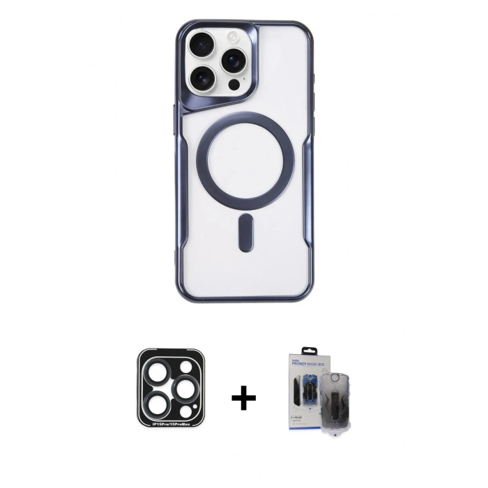 MARSİLYAN™- iPhone 15 Pro Max Kılıf Yadigar Klasik Özel Seri - Siyah Vanessa Magic Hayalet Cam + PVD Metal Kamera Lens - LT