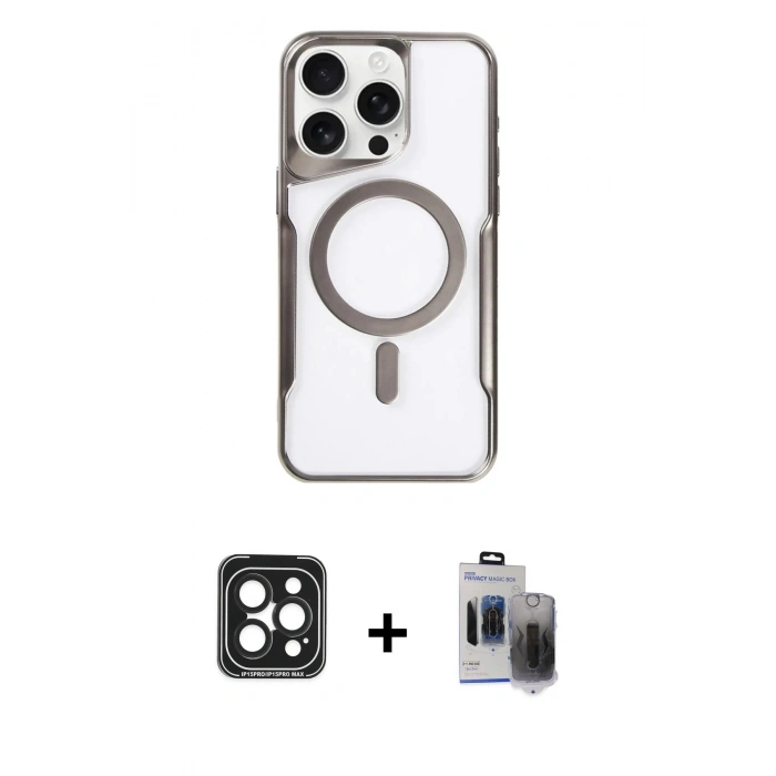 MARSİLYAN™- iPhone 15 Pro Max Kılıf Yadigar Klasik Özel Seri - Siyah Vanessa Magic Hayalet Cam + PVD Metal Kamera Lens - SH