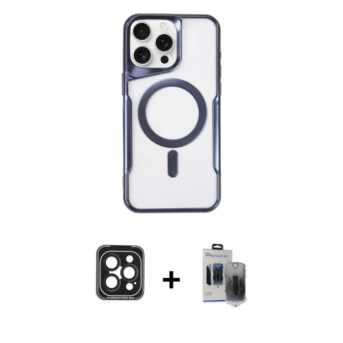 MARSİLYAN™- iPhone 15 Pro Max Kılıf Yadigar Klasik Özel Seri - Siyah Vanessa Magic Hayalet Cam + PVD Metal Kamera Lens - SH