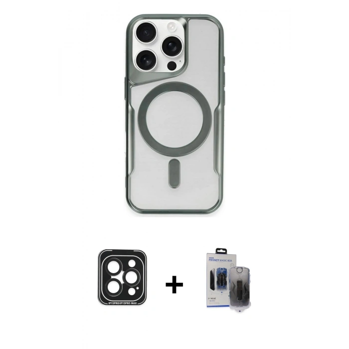 MARSİLYAN™- iPhone 15 Pro Max Kılıf Yadigar Klasik Özel Seri - Siyah Vanessa Magic Hayalet Cam + PVD Metal Kamera Lens - SH