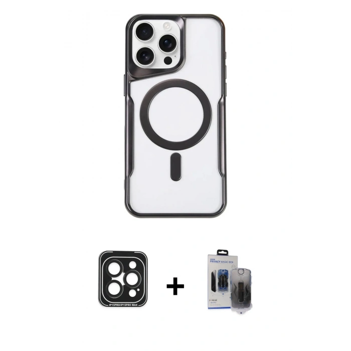 MARSİLYAN™- iPhone 15 Pro Max Kılıf Yadigar Klasik Özel Seri - Siyah Vanessa Magic Hayalet Cam + PVD Metal Kamera Lens - SH