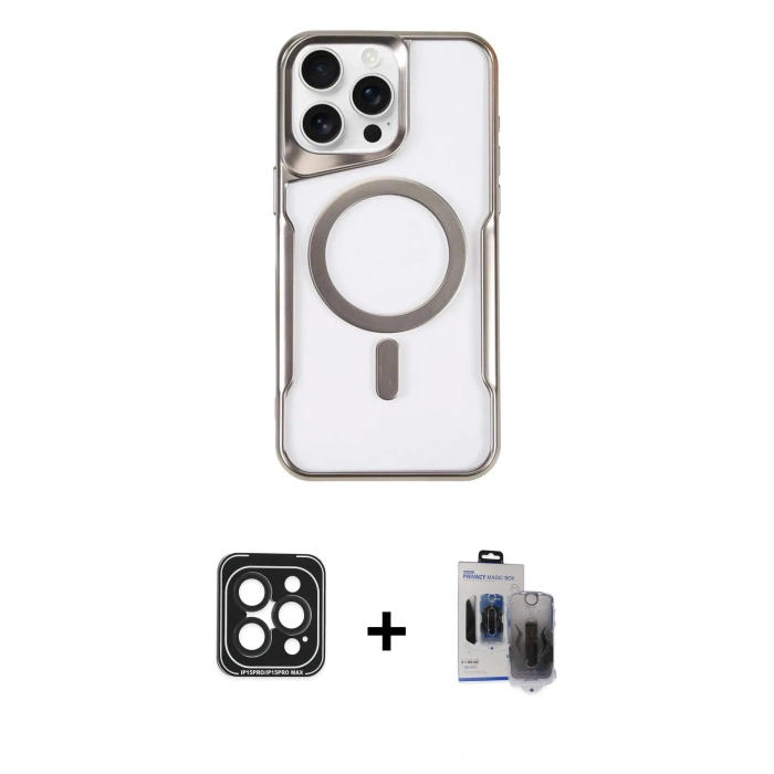 MARSİLYAN™- iPhone 15 Pro Max Kılıf Yadigar Klasik Özel Seri - Siyah Vanessa Magic Hayalet Cam + PVD Metal Kamera Lens - SH