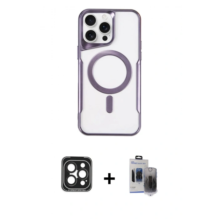 MARSİLYAN™- iPhone 15 Pro Max Kılıf Yadigar Klasik Özel Seri - Siyah Vanessa Magic Hayalet Cam + PVD Metal Kamera Lens - SH