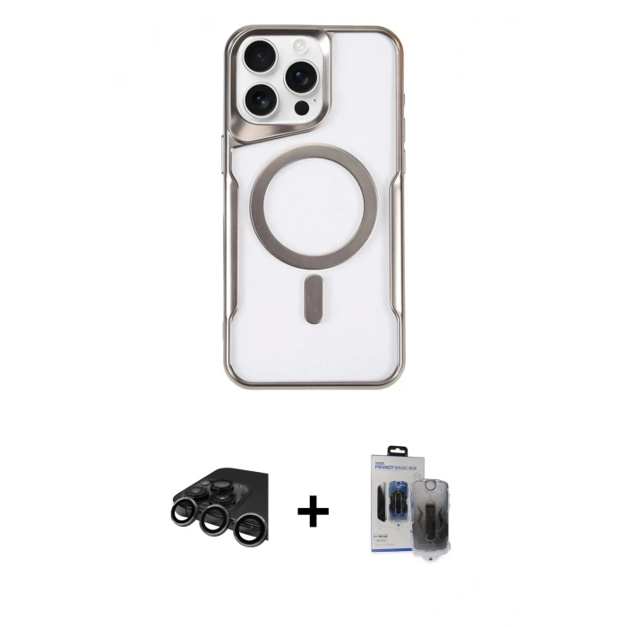 MARSİLYAN™- iPhone 15 Pro Max Kılıf Yadigar Klasik Özel Seri - Siyah Vanessa Magic Hayalet Cam + Raze Metal Kamera Lens - TMGI