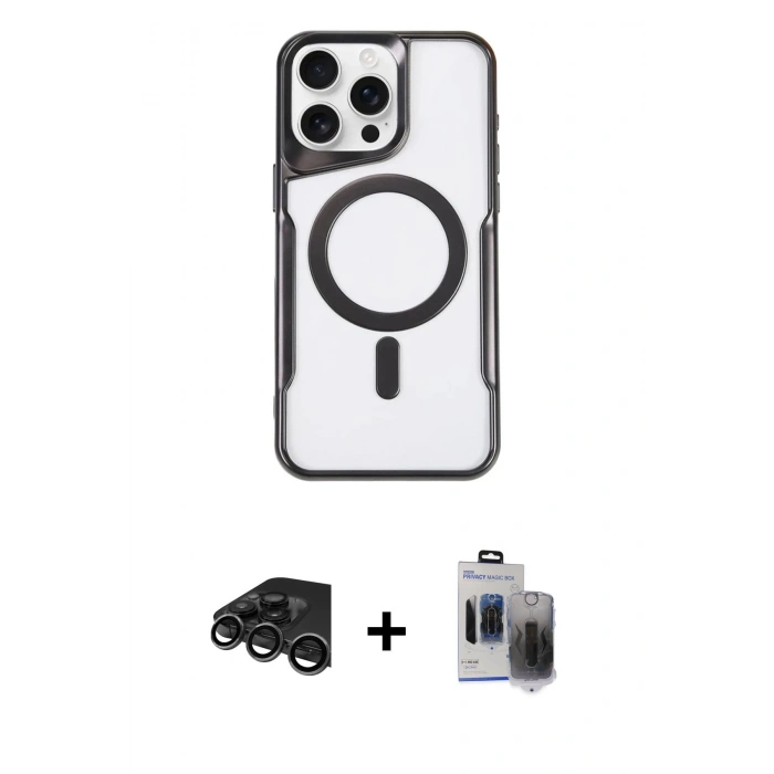 MARSİLYAN™- iPhone 15 Pro Max Kılıf Yadigar Klasik Özel Seri - Siyah Vanessa Magic Hayalet Cam + Raze Metal Kamera Lens - TMGI