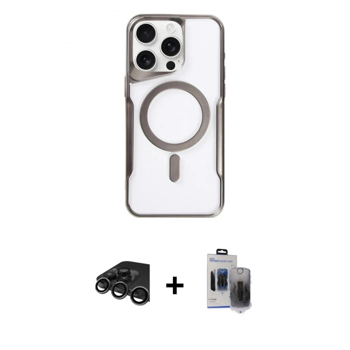 MARSİLYAN™- iPhone 15 Pro Max Kılıf Yadigar Klasik Özel Seri - Siyah Vanessa Magic Hayalet Cam + Raze Metal Kamera Lens - TMGI
