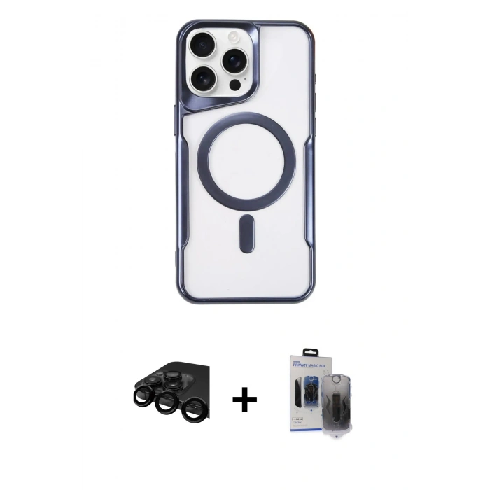 MARSİLYAN™- iPhone 15 Pro Max Kılıf Yadigar Klasik Özel Seri - Siyah Vanessa Magic Hayalet Cam + Raze Metal Kamera Lens - SH