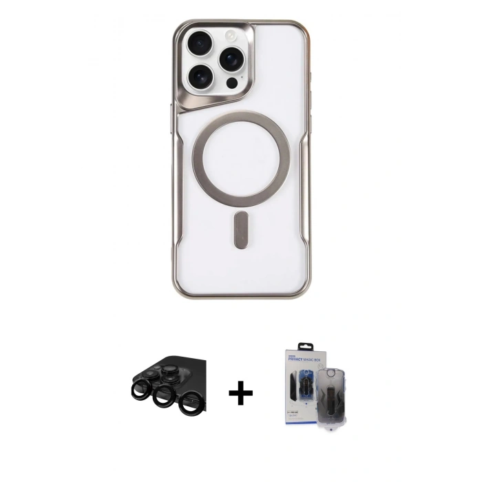 MARSİLYAN™- iPhone 15 Pro Max Kılıf Yadigar Klasik Özel Seri - Siyah Vanessa Magic Hayalet Cam + Raze Metal Kamera Lens - SH