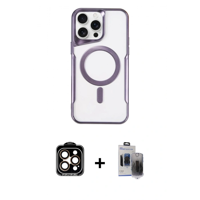 MARSİLYAN™- iPhone 15 Pro Max Kılıf Yadigar Klasik Özel Seri - Siyah Vanessa Magic Hayalet Cam + Turuncu PVD Metal Kamera Lens
