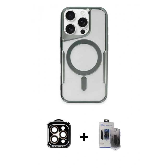 MARSİLYAN™- iPhone 15 Pro Max Kılıf Yadigar Klasik Özel Seri - Siyah Vanessa Magic Hayalet Cam + Turuncu PVD Metal Kamera Lens