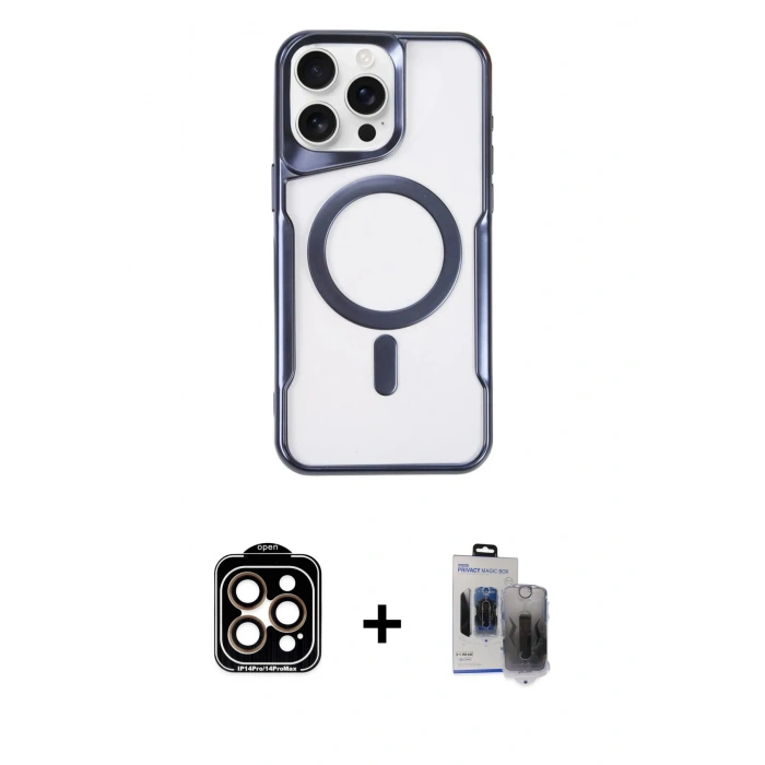 MARSİLYAN™- iPhone 15 Pro Max Kılıf Yadigar Klasik Özel Seri - Siyah Vanessa Magic Hayalet Cam + Turuncu PVD Metal Kamera Lens