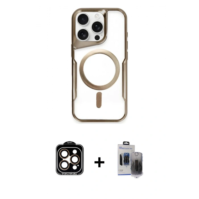 MARSİLYAN™- iPhone 15 Pro Max Kılıf Yadigar Klasik Özel Seri - Siyah Vanessa Magic Hayalet Cam + Turuncu PVD Metal Kamera Lens