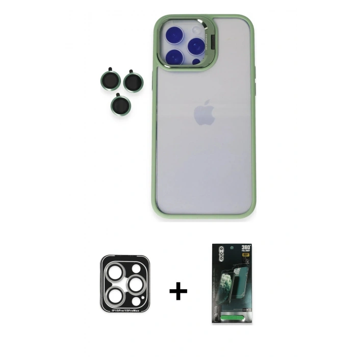 MARSİLYAN™- iPhone 15 Pro Max Kılıf Yankı Asil Serisi - Şeffaf 360 Full Body Arka Koruyucu + PVD Metal Kamera Lens - GS
