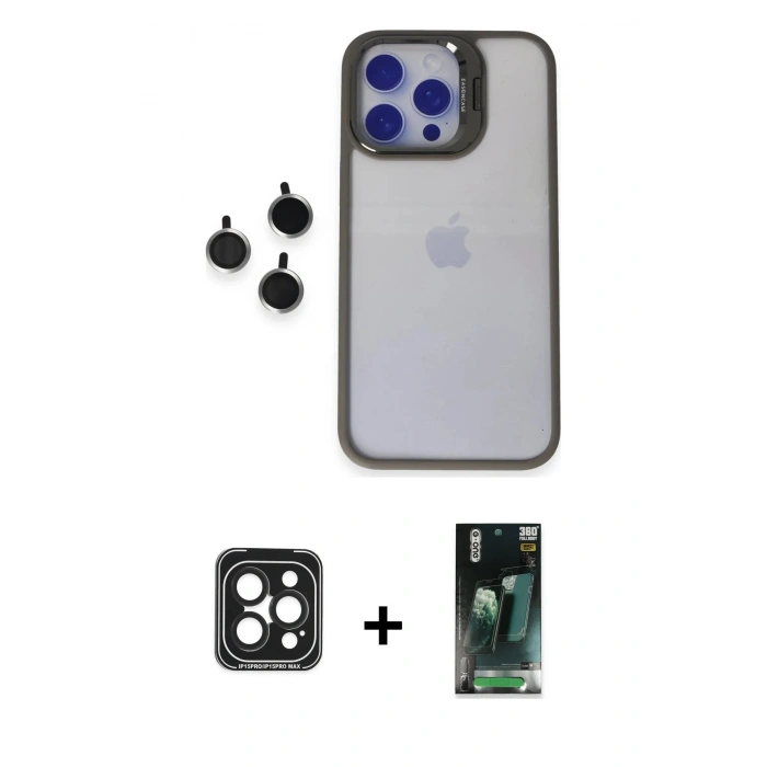 MARSİLYAN™- iPhone 15 Pro Max Kılıf Yankı Asil Serisi - Şeffaf 360 Full Body Arka Koruyucu + PVD Metal Kamera Lens - SH