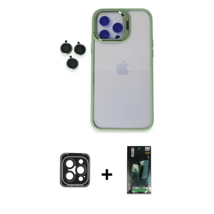 MARSİLYAN™- iPhone 15 Pro Max Kılıf Yankı Asil Serisi - Şeffaf 360 Full Body Arka Koruyucu + PVD Metal Kamera Lens - SH