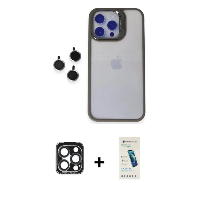 MARSİLYAN™- iPhone 15 Pro Max Kılıf Yankı Asil Serisi - Şeffaf Pasifik Cam Ekran Koruyucu + PVD Metal Kamera Lens - LT
