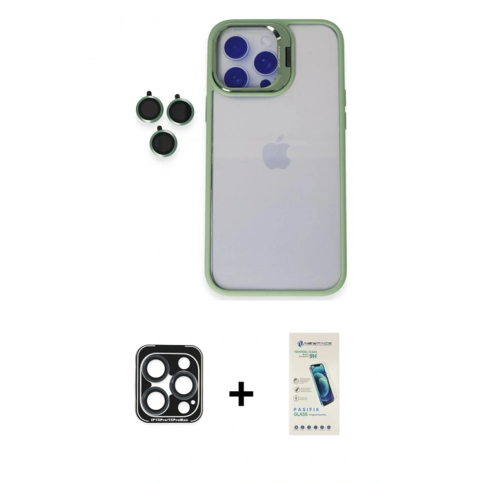 MARSİLYAN™- iPhone 15 Pro Max Kılıf Yankı Asil Serisi - Şeffaf Pasifik Cam Ekran Koruyucu + PVD Metal Kamera Lens - LT