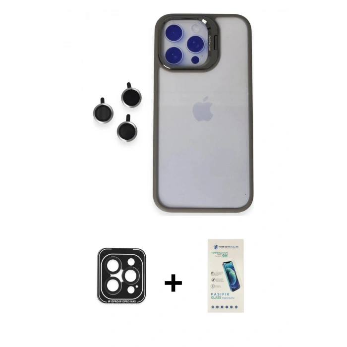 MARSİLYAN™- iPhone 15 Pro Max Kılıf Yankı Asil Serisi - Şeffaf Pasifik Cam Ekran Koruyucu + PVD Metal Kamera Lens - SH