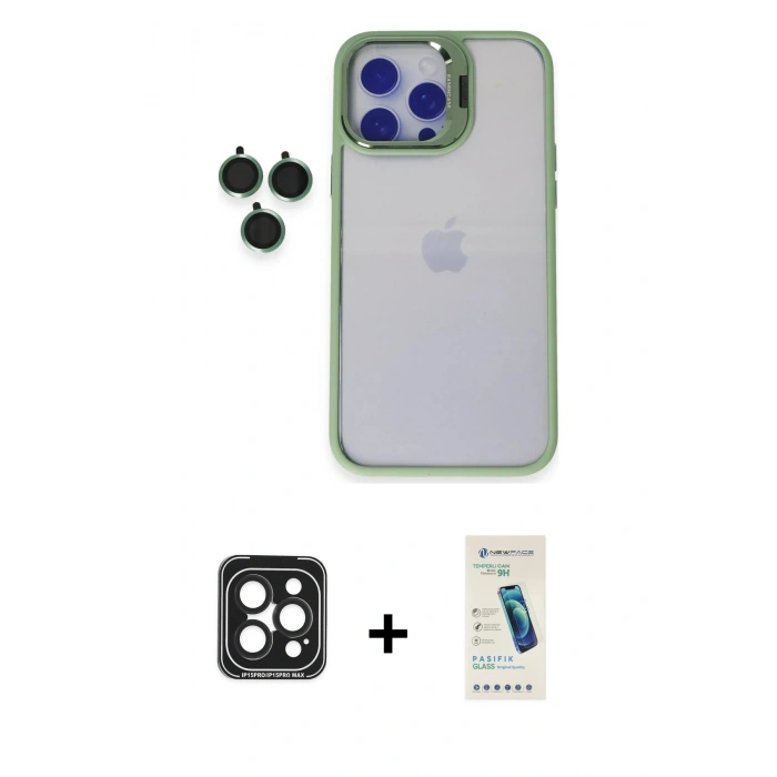 MARSİLYAN™- iPhone 15 Pro Max Kılıf Yankı Asil Serisi - Şeffaf Pasifik Cam Ekran Koruyucu + PVD Metal Kamera Lens - SH