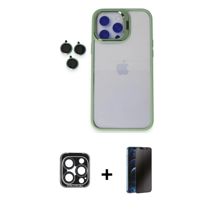 MARSİLYAN™- iPhone 15 Pro Max Kılıf Yankı Asil Serisi - Siyah 3D Antistatik Hayalet Cam Ekran Koruyucu + PVD Metal Kamera Lens - LT