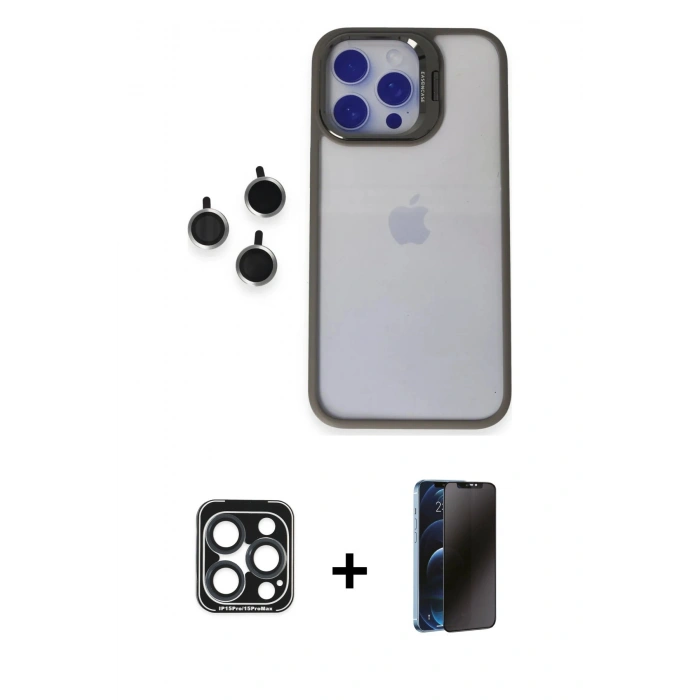 MARSİLYAN™- iPhone 15 Pro Max Kılıf Yankı Asil Serisi - Siyah 3D Antistatik Hayalet Cam Ekran Koruyucu + PVD Metal Kamera Lens - LT