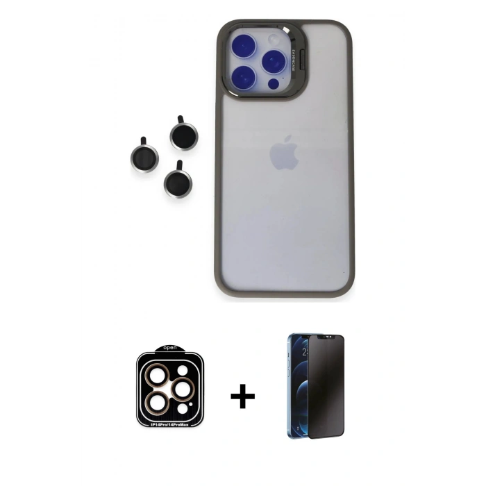 MARSİLYAN™- iPhone 15 Pro Max Kılıf Yankı Asil Serisi - Siyah 3D Antistatik Hayalet Cam Ekran Koruyucu + PVD Metal Kamera Lens - TU