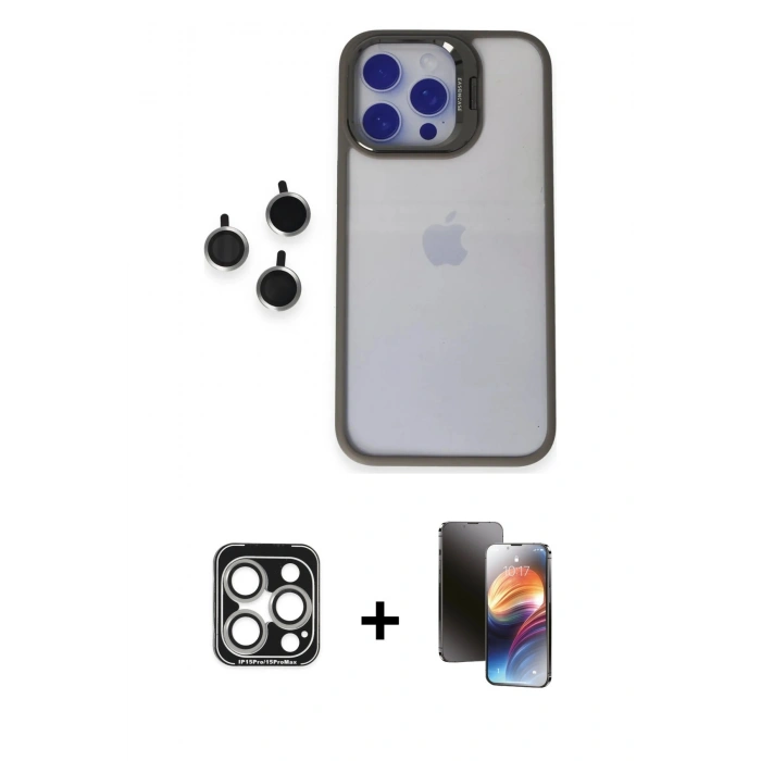 MARSİLYAN™- iPhone 15 Pro Max Kılıf Yankı Asil Serisi - Siyah 3D Antistatik Mat Seramik Nano Ekran Koruyucu + PVD Metal Kamera Lens - GS