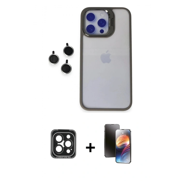 MARSİLYAN™- iPhone 15 Pro Max Kılıf Yankı Asil Serisi - Siyah 3D Antistatik Mat Seramik Nano Ekran Koruyucu + PVD Metal Kamera Lens - SH