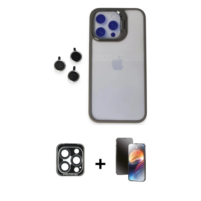 MARSİLYAN™- iPhone 15 Pro Max Kılıf Yankı Asil Serisi - Siyah 3D Antistatik Mat Seramik Nano Ekran Koruyucu + PVD Metal Kamera Lens - LT