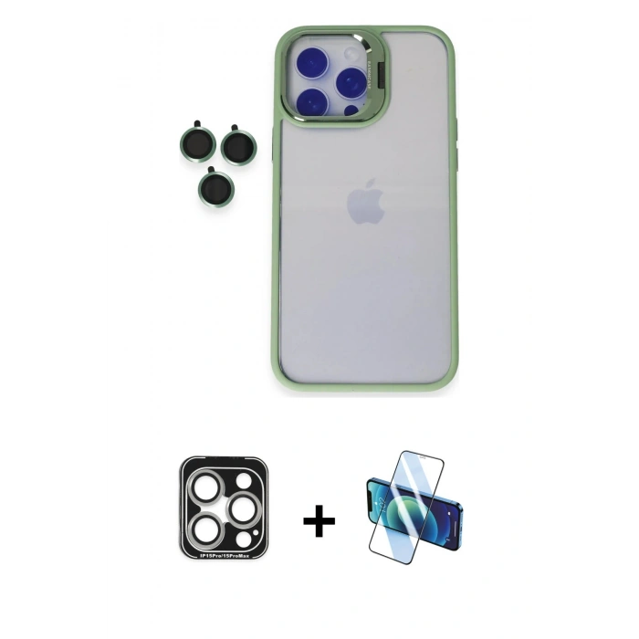 MARSİLYAN™- iPhone 15 Pro Max Kılıf Yankı Asil Serisi - Siyah 3D Antistatik Seramik Nano Ekran Koruyucu + Gümüş PVD Metal Kamera Lens