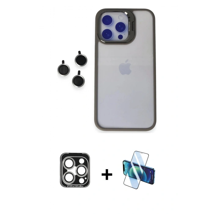 MARSİLYAN™- iPhone 15 Pro Max Kılıf Yankı Asil Serisi - Siyah 3D Antistatik Seramik Nano Ekran Koruyucu + Gümüş PVD Metal Kamera Lens