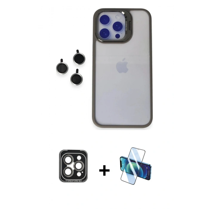 MARSİLYAN™- iPhone 15 Pro Max Kılıf Yankı Asil Serisi - Siyah 3D Antistatik Seramik Nano Ekran Koruyucu + PVD Metal Kamera Lens - GI