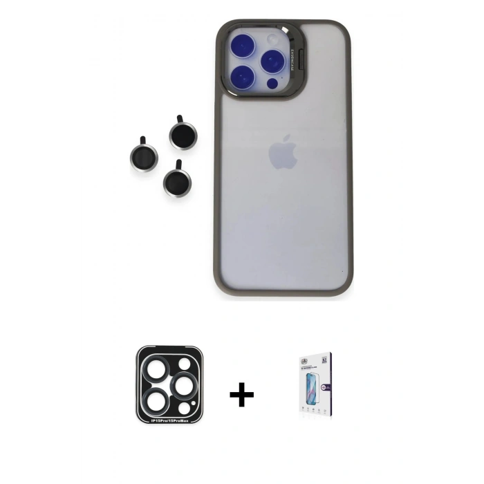 MARSİLYAN™- iPhone 15 Pro Max Kılıf Yankı Asil Serisi - Siyah Bilvis 0.18mm Plus Cam Ekran Koruyucu + PVD Metal Kamera Lens - LT