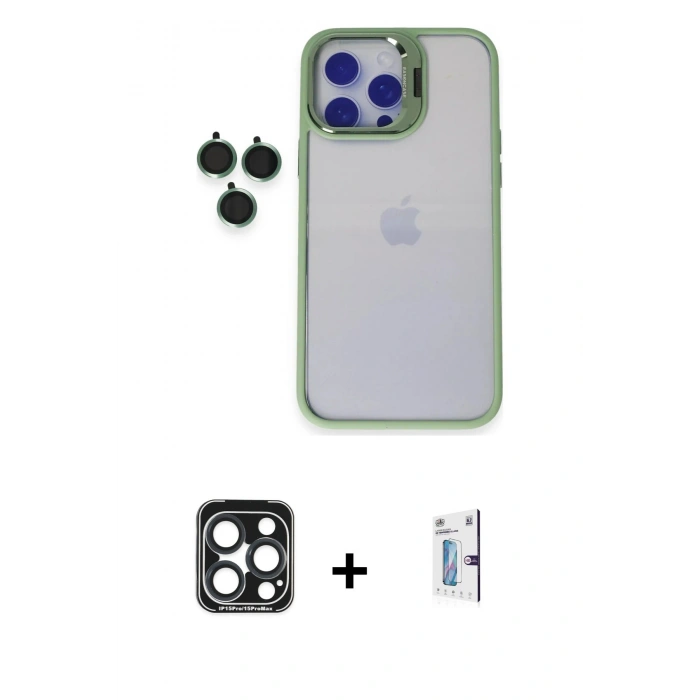 MARSİLYAN™- iPhone 15 Pro Max Kılıf Yankı Asil Serisi - Siyah Bilvis 0.18mm Plus Cam Ekran Koruyucu + PVD Metal Kamera Lens - LT