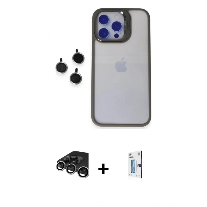 MARSİLYAN™- iPhone 15 Pro Max Kılıf Yankı Asil Serisi - Siyah Bilvis 0.18mm Plus Cam Ekran Koruyucu + Raze Metal Kamera Lens - GS