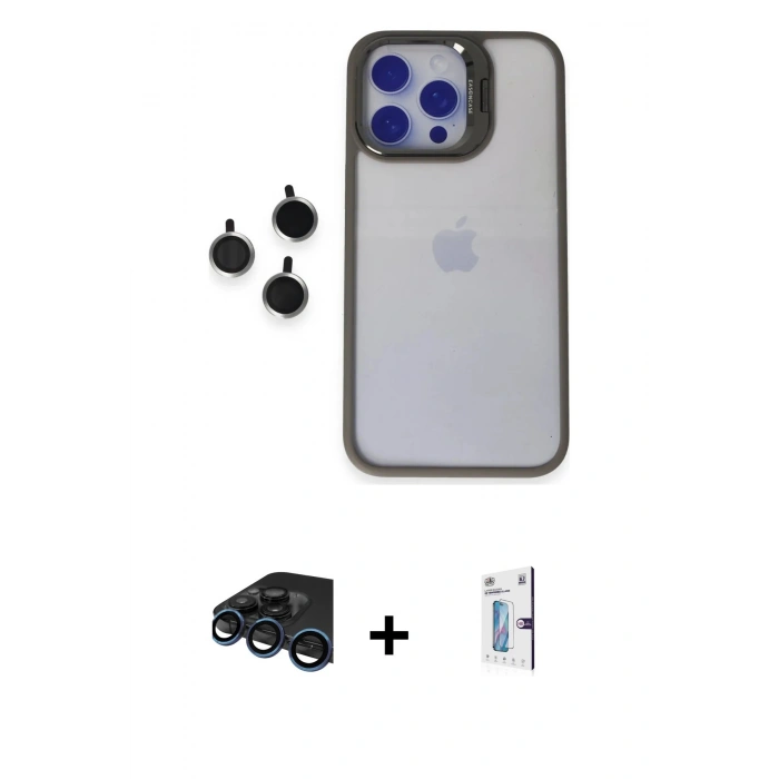MARSİLYAN™- iPhone 15 Pro Max Kılıf Yankı Asil Serisi - Siyah Bilvis 0.18mm Plus Cam Ekran Koruyucu + Raze Metal Kamera Lens - LT