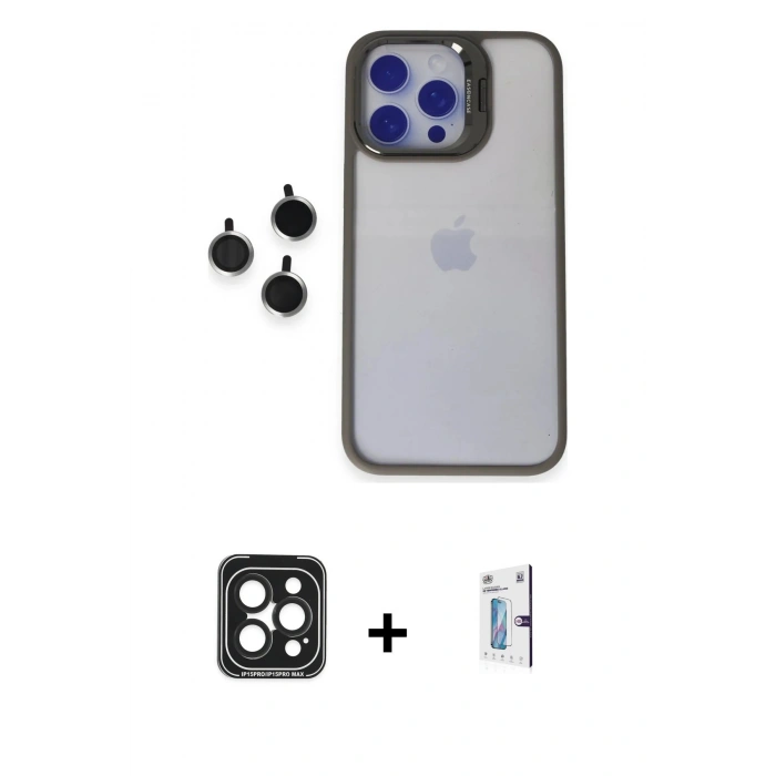 MARSİLYAN™- iPhone 15 Pro Max Kılıf Yankı Asil Serisi - Siyah Bilvis 0.18mm Plus Cam Ekran Koruyucu + Siyah PVD Metal Kamera Lens