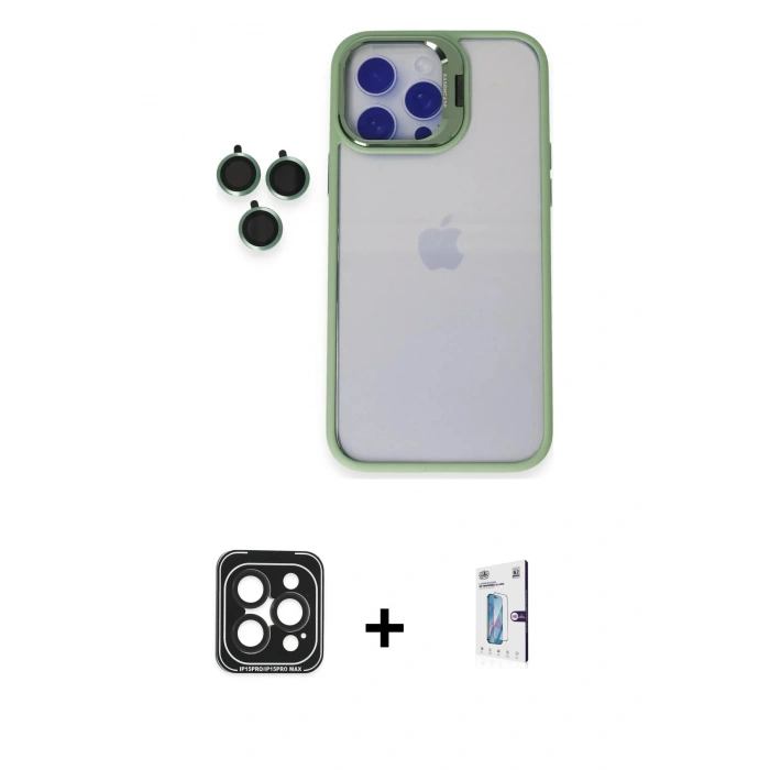 MARSİLYAN™- iPhone 15 Pro Max Kılıf Yankı Asil Serisi - Siyah Bilvis 0.18mm Plus Cam Ekran Koruyucu + Siyah PVD Metal Kamera Lens