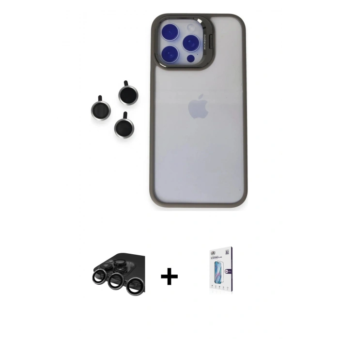 MARSİLYAN™- iPhone 15 Pro Max Kılıf Yankı Asil Serisi - Siyah Bilvis 0.18mm Plus Cam Ekran Koruyucu + Raze Metal Kamera Lens - TMGI