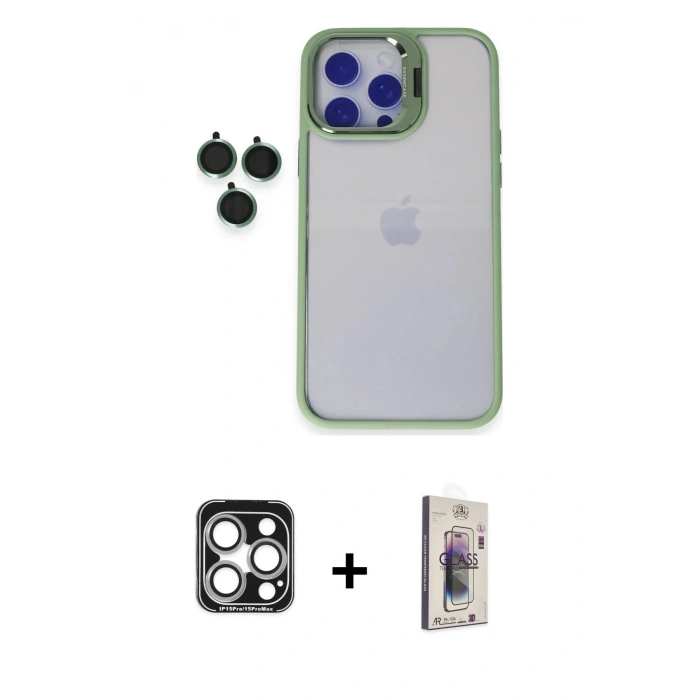 MARSİLYAN™- iPhone 15 Pro Max Kılıf Yankı Asil Serisi - Siyah Bilvis 3D Cam Ekran Koruyucu + PVD Metal Kamera Lens - GS